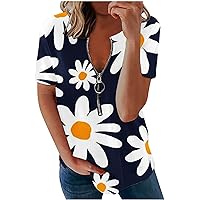 Summer Zipper V Neck Floral Print Trendy T-Shirts for Womens Short Sleeve Casual Loose Fit Beach Vacation Tee Tops