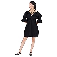 Women's Cotton Linen Mini Black Dress