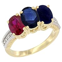 10K Yellow Gold Enhanced Ruby, Natural Blue Sapphire & Lapis Ring 3-Stone Oval 7x5 mm, sizes 5 - 10