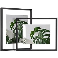 Egofine 11x14 Floating Frames Set of 2, Double Glass Picture Frame, Made of Solid Wood Display Any Size Photo up to 11x14, Wall Mount or Tabletop Standing, Rustic Black