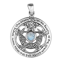 Sterling Silver Cut Out Moon Pentacle Pendant with Natural Rainbow Moonstone; 1 Inch Diameter