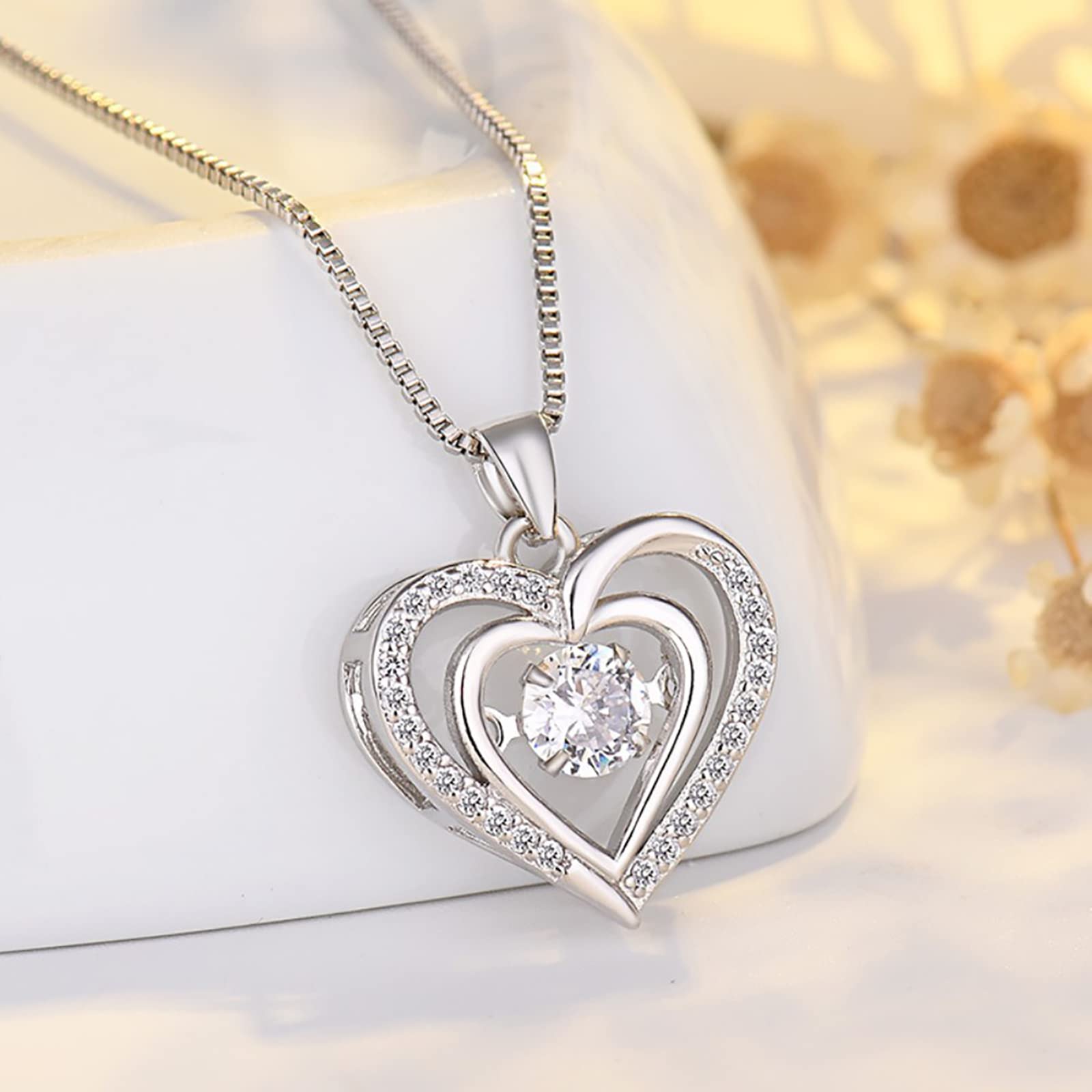 WSKFLY Heart Pendant Necklaces for Women 14K Rose Gold Plated with Birthstone Zirconia,Christmas Birthday Anniversary Jewelry Gift for Women Wife Girls Her 18+2 inch