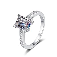 StarGems 2ct Moissanite 925 Silver Platinum Plated&Zirconia Emerald Cut Classical Four Prong Ring HB4557