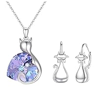 Cat Necklace and Earrings 925 Sterling Silver Cat Pendant Embellished wirh Crystals from Austria, Cat Hoop Earrings Cute Cat Jewelry Gifts for Women Girls Daughter Birthday Valentine's Day Gift