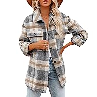 Women's Lapel Long Sleeve Plaid Shacket Oversize Button Down Flannel Shirt Jacket Coats with Pocket
