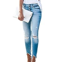 Women's Irregular Raw Edge Denim Skinny Stretch Hole Jeans Butt Lifting Front Milled Ankle Ripped Pencil Jeans