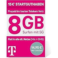 Telekom MagentaMobil Prepaid L SIM Card without Contract Binding, 5G incl. I 8 GB & Allnet Flat (Min, SMS) in all German Networks + EU Roaming I Surfing with 5G / LTE Max & Hotspot Flat I 15 EUR Start