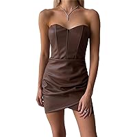Women's PU Leather Mini Dress Sexy Strapless Bodycon Ruched Tube Dress Party Club Outfits