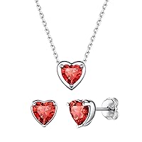 ChicSilver 925 Sterling Silver Heart Cut Birthstone Jewelry Set, Sparkling Heart Birthstone Stud Earrings and Birthstone Necklace Set for Women Girls