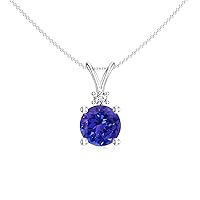 Natural Tanzanite Solitaire Round Shaped Pendant with Diamond for Women in Sterling Silver / 14K Solid Gold