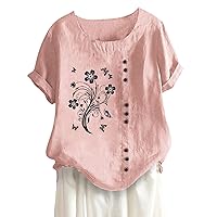 Summer Tops for Women 2024 Short Sleeve Shirts Button Cotton Round Neck Vintage and Hemp Solid T-Shirt Top
