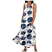 Casual Summer Outfits for Women Linen Dress for Women 2024 Bohemian Print Sparkly Fashion Loose Fit with Sleeveless U Neck Summer Dresses Blue XX-Large