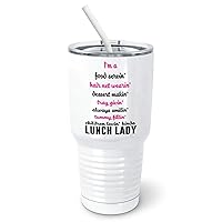 Loving Lunch Lady - Food Lovers or Cook Tumbler with Spill-Resistant Slider Lid and Silicone Straw (30 oz Tumbler, White)