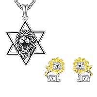 YueYuan Lion Earring Necklace Set 925 Sterling Silver Tetragrammaton Pentagram Pendant Protection Star Necklace Amulet Pentacle Jewelry for Men