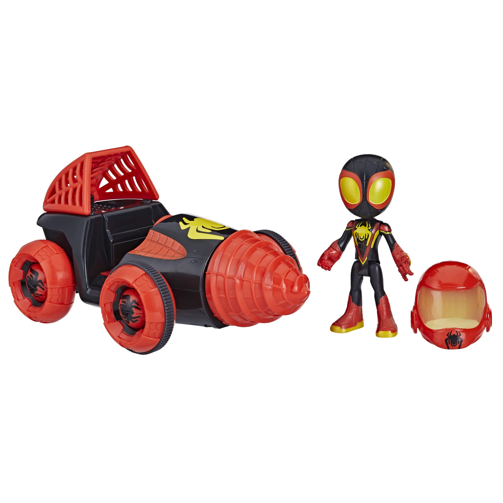 Spidey and His Amazing Friends Marvel Web-Spinners Miles with Drill Spinner, Car Playset with Vehicle, Figure, and Accessory, Toy Cars for Kids 3 and Up