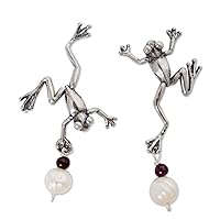 NOVICA Handmade .925 Sterling Silver Cultured Freshwater Pearl Garnet Button Earrings Mexican Artisan Silver with Cultured Freshwater Pearls Sterling White Mexico Animal Themed Birthstone Frog [1.7 in