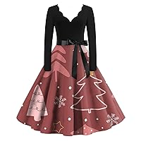 Gothic Maxi Dress for Women, Christmas Fun Printed Sexy V-Neck Long Sleeve Cocktail Party Ruffle Swing Dresses Fall 2023