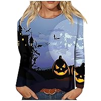 Long Sleeve Blouse, Tunic Tops for Women Blouses Off The Shoulder Tops Sexy Evening Christmas Women's Fashion Casual Striped Halloween Printed Round Neck Top Prime Flowy Shirts (L, Light Blue)