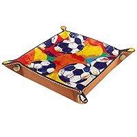 Hand-Painted Colorful Soccer Thick PU Brown Leather Valet Catchall Organizer, Folding Rolling Jewelry Storage Box