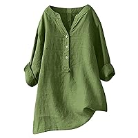 Womens Cotton Linen Jacquard Blouses Top V Neck Button Down Dress Tops Loose Plus Tunic 3/4 Sleeve Blouse Tees Shirts