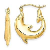 10K Yellow Gold Sea Dolphin Ocean Fish Beach Nautical Hoop Earrings