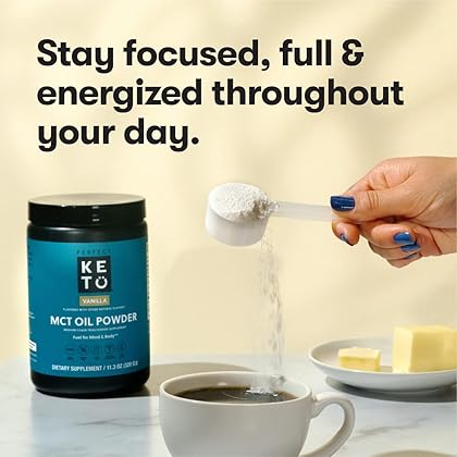 Perfect Keto MCT Oil C8 Powder, Coconut Medium Chain Triglycerides for Pure Clean Energy, Ketogenic Non Dairy Coffee Creamer, Bulk Supplement, Helps Boost Ketones, Vanilla