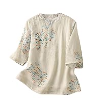 Womens Chinese Cotton Linen Blouse 3/4 Sleeve Vintage Breasted Up Shirts Elegant Floral Print Summer Casual Tee Tops