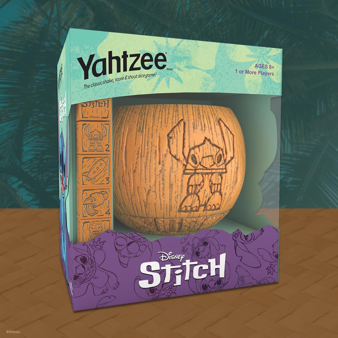 YAHTZEE: Disney Stitch | Collectible Stitch Tiki Style Dice Cup | Classic Dice Game Based on Disney’s Lilo & Stitch | Great for Family Night | Officially Licensed Disney Game & Merchandise