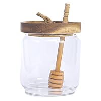 Honey Jar Pot Glass Holder Dispenser Set with Wooden Dipper Stick and Acacia Lid Cover for Home Kitchen, Clear, Modern Honey Syrup Glass Container for Storage Gift, Honey Pot and Drizzler (14 Oz)