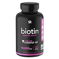 Sports Research Extra Strength Vegan Biotin (Vitamin B) Supplement with Organic Coconut Oil - Supports Keratin for Healthier Hair & Skin - Great for Women & Men - 10,000mcg, 120 Veggie Softgel Capsule
