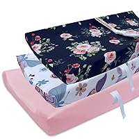 AMROSE 3 Pack Easy Care Changing Pad Covers, Ultra Soft Microfiber Diaper Change Table Sheets for Baby Boys and Girls, Floral & Butterfly & Pink