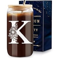 Initial Glass Cup 16oz, Monogrammed Gifts for Women, Glass Can Cup w/Bamboo Lid Straw,Personalized Valentines Mother Day Birthday Gifts for Women, Mom, Wife, Girlfriend, Sister, Friends, K