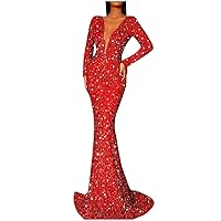 Long Sleeve Women Dress Sparkling Fishtail Dress Solid Color Deep V-Neck Party Sequin Dress Bodycon Ruffle Hem Dresses