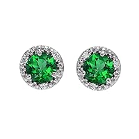 HALO STUD EARRINGS IN WHITE GOLD WITH SOLITAIRE LAB CREATED EMERALD AND DIAMONDS