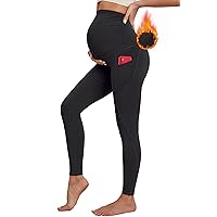 Ewedoos Fleece Lined Maternity Leggings with Pockets Shirred Sides Warm Pregnancy Leggings Over The Belly Thermal Yoga Pants
