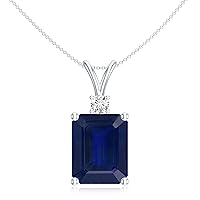 Natural Blue Sapphire Emerald Cut Pendant Necklace with Diamond for Women in Sterling Silver / 14K Solid Gold