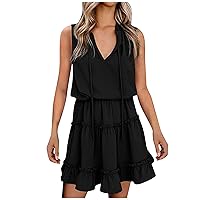 Women's Beach Dress Swing Sleeveless Knee Length Print V-Neck Trendy Glamorous Casual Loose-Fitting Summer Flowy Black