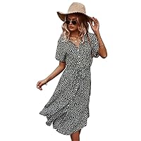 Summer Women Floral Print Dress Casual Short Sleeve Button Holiday Midi Dresses -Neck Beach Chic Elegant Robe