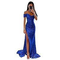 Sequin Prom Dresses for Women Off Shoulder Mermaid Formal Evening Gown with Slit Sparkly Long Party Dress