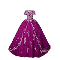 Women's Off Shoulder Quinceanera Dresses Sliver Embroidery Tulle Ball Gown