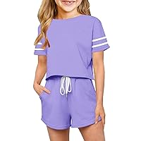 Haloumoning Girls Summer Crop Tops and Shorts Set Cute Color Block Two Piece Outfits Casual Sweat Tracksuit with Side Pockets