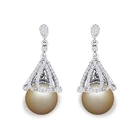 9 mm Golden South Sea Pearl and 0.45 carats Diamond Accent Earring in 14KT White Gold