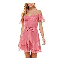 Womens Pink Zippered Ruffled Ruched Layered Tie Polka Dot Flutter Sleeve Off Shoulder Short Party Fit + Flare Dress Juniors 17