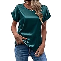 Women's Blouses and Tops Dressy Elegant Solid Round Neck Rolled Short Sleeve Satin Silk Blouse Tops T Shirts