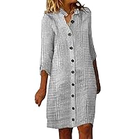 XJYIOEWT Womens Prom Dresses,Women Versatile Striped Print Button Dress Casual Loose Shirt Dress Plus Size Holiday Dress