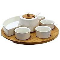 Elama Ceramic Stoneware Condiment Appetizer Set, 8 Piece, Assorted Round in White and Natural Bamboo