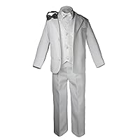 Formal Boy White Suit Paisley Handkerchief Tuxedo Kid Teen Free Black Bow Tie (10)
