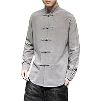 Spring Autumn Chinese Button Shirt Men's Cotton Linen Long Sleeve Solid Color Casual Cardigan Men's Business Top
