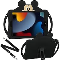 for iPad 9th 8th 7th Generation Case for Kids, iPad 10.2 Case with Wallet, Shoulder Straps Handle, Cartoon Silicone Tablet Cover Girls for iPad 9th/8th/7th Gen 10.2'' 2021 2020 2019(Black)