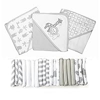 Spasilk Bath Hooded Towels & Baby Washcloths Set, Baby Bath Essentials for Everyday Use, 23-Piece Gift Set, Gray Lion
